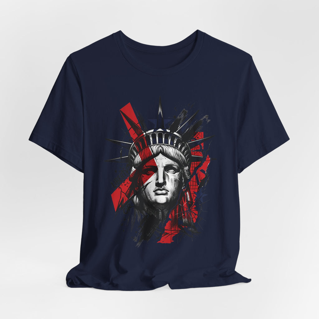 Navy graphic T-shirt with Liberty statue head portrait center, red and black