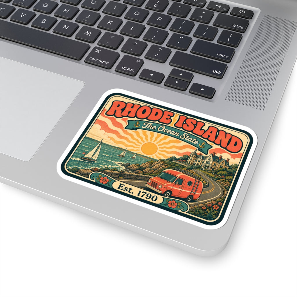 Rhode Island ocean state sticker on a laptop; orange sun, boats, and red van, Est. 1790
