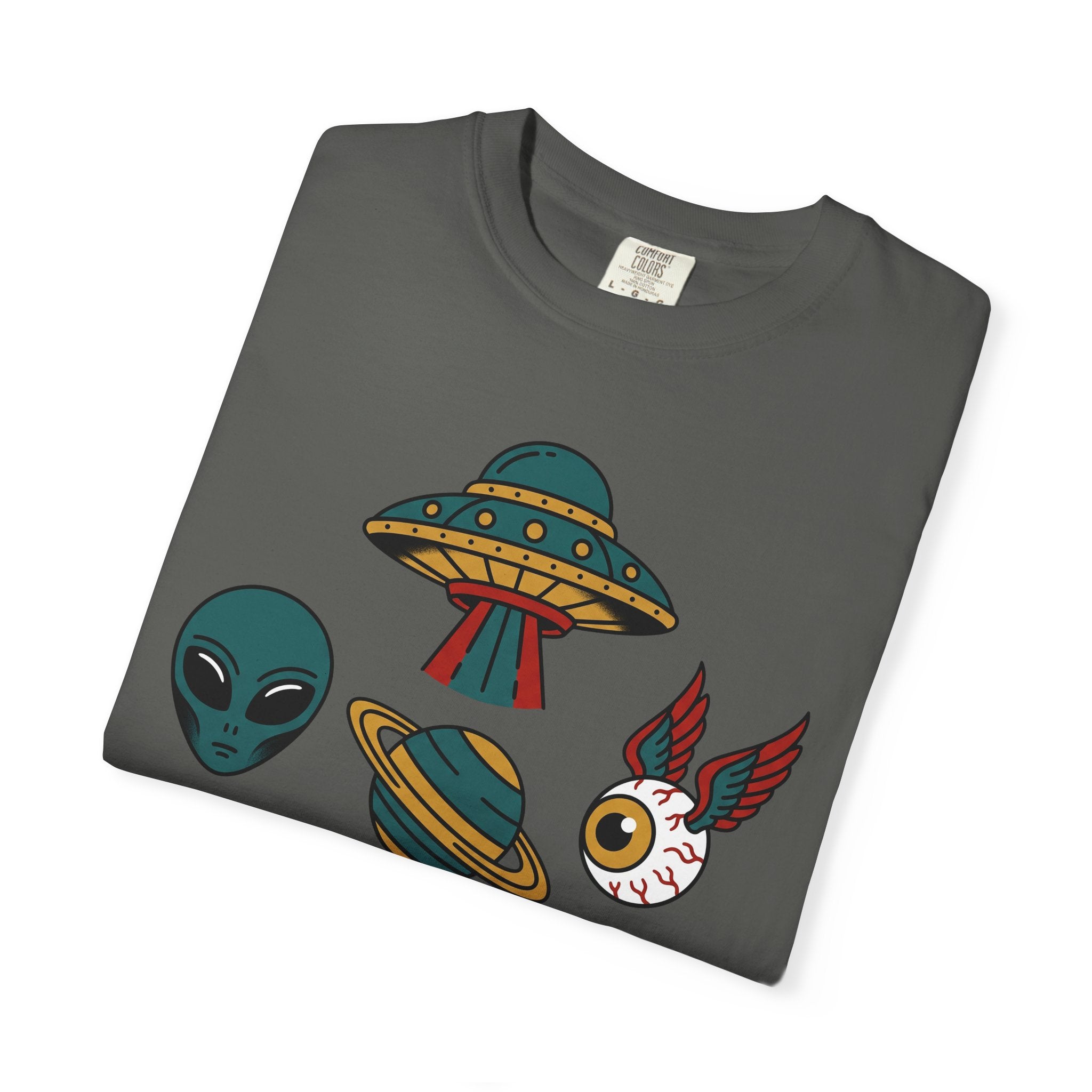 Dark gray T-shirt with alien, UFO, and cat graphic printed across front