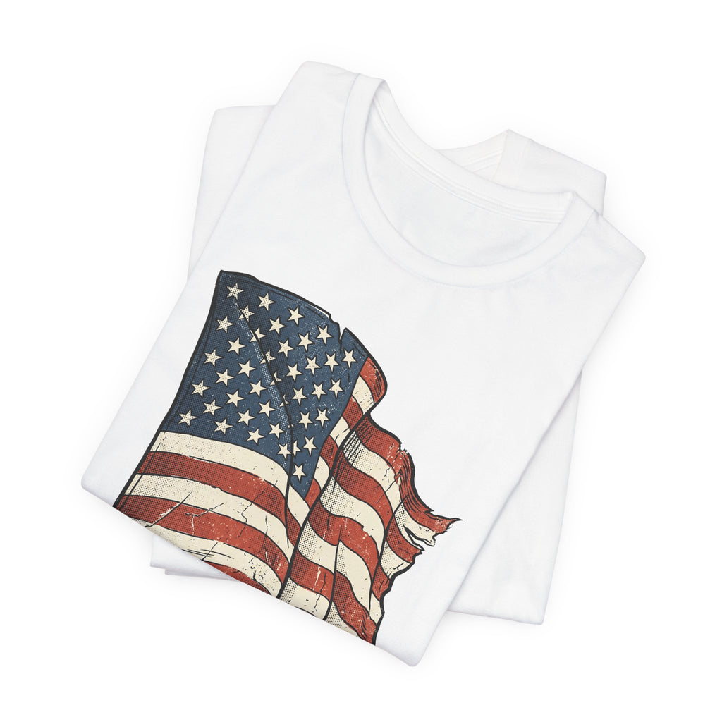 White T-shirt with vintage American flag waving graphic, distressed print
