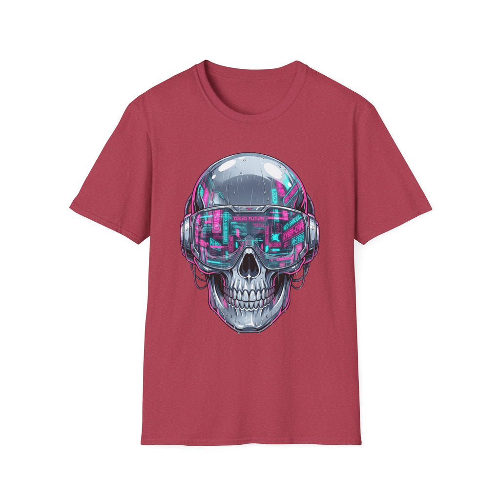 Burgundy T-shirt with cyberpunk chrome skull wearing neon visor graphic