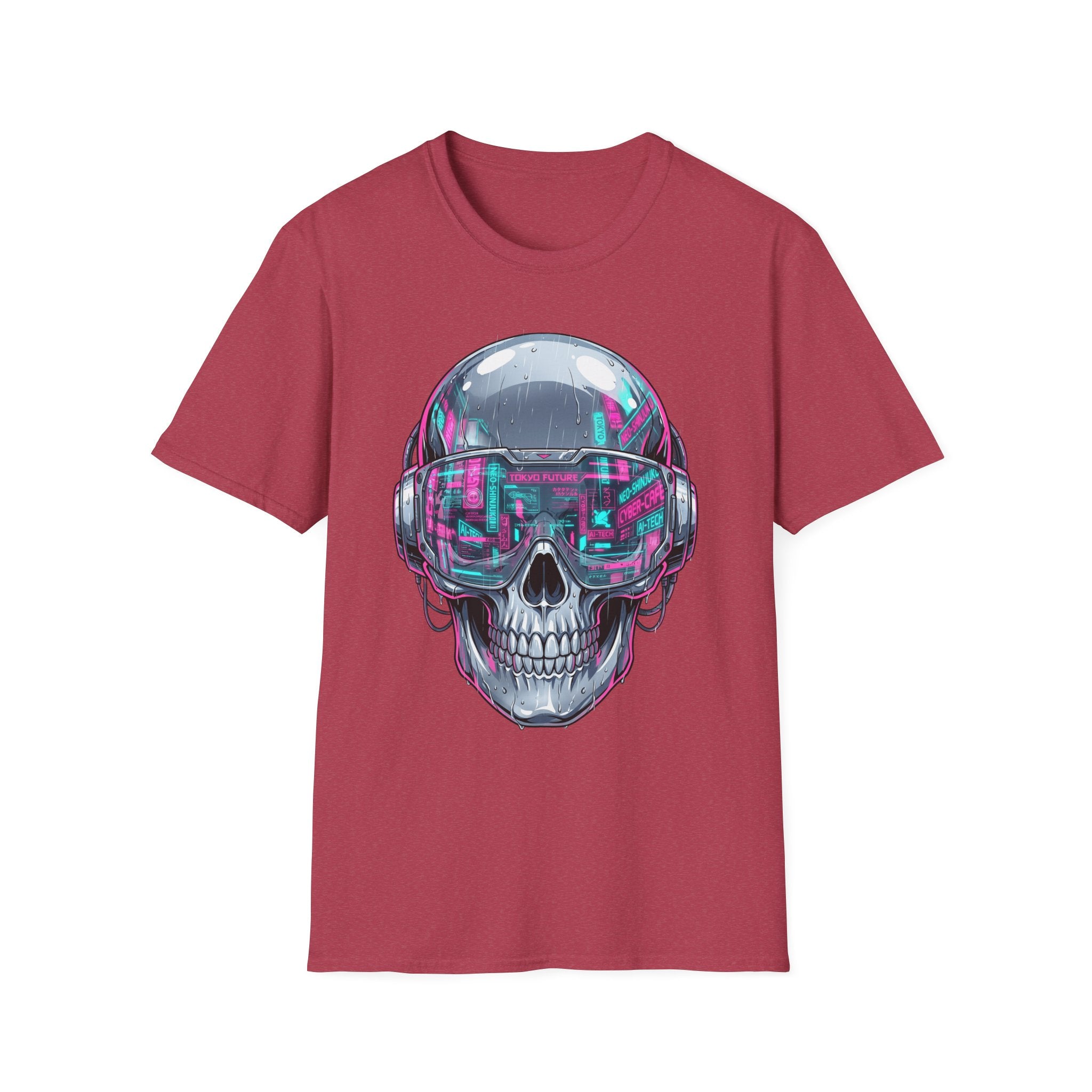 Burgundy T-shirt with cyberpunk chrome skull wearing neon visor graphic