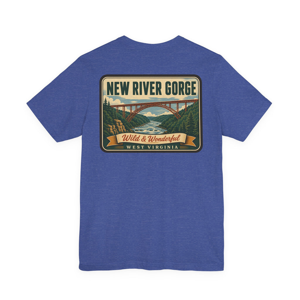 Royal blue short-sleeve T-shirt with New River Gorge scenic patch graphic