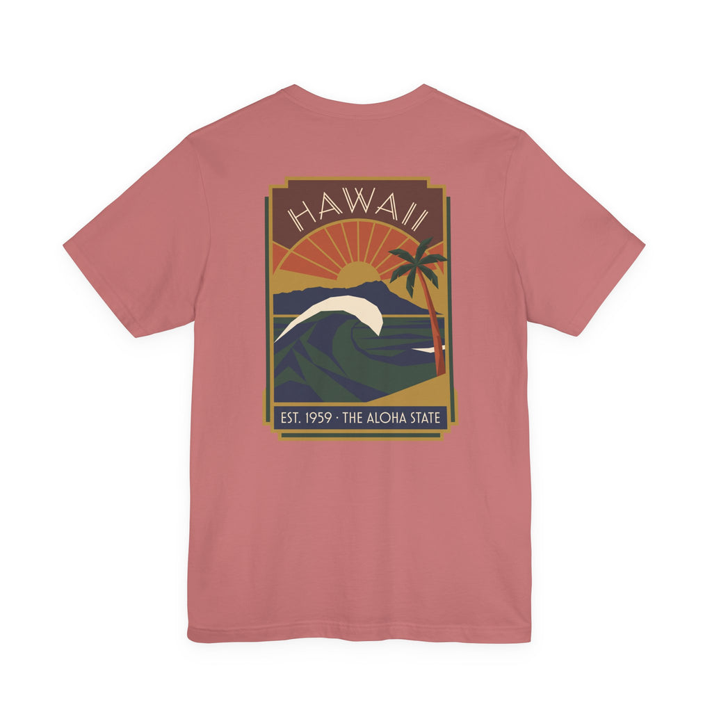 Dusty rose T-shirt with vintage Hawaii sunset and wave graphic print