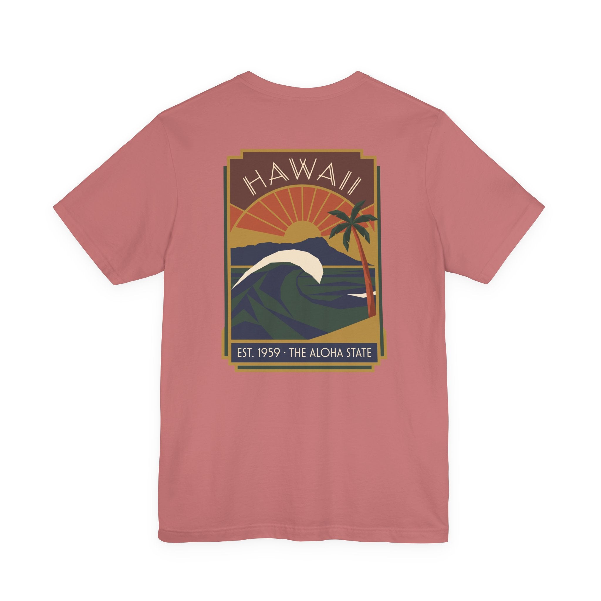 Dusty rose T-shirt with vintage Hawaii sunset and wave graphic print
