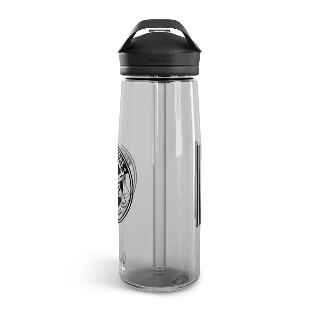 25 oz transparent water bottle with charcoal flip-top lid and side logo