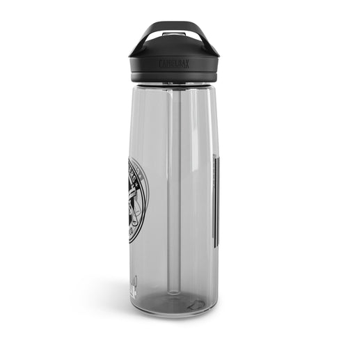25 oz transparent water bottle with charcoal flip-top lid and side logo