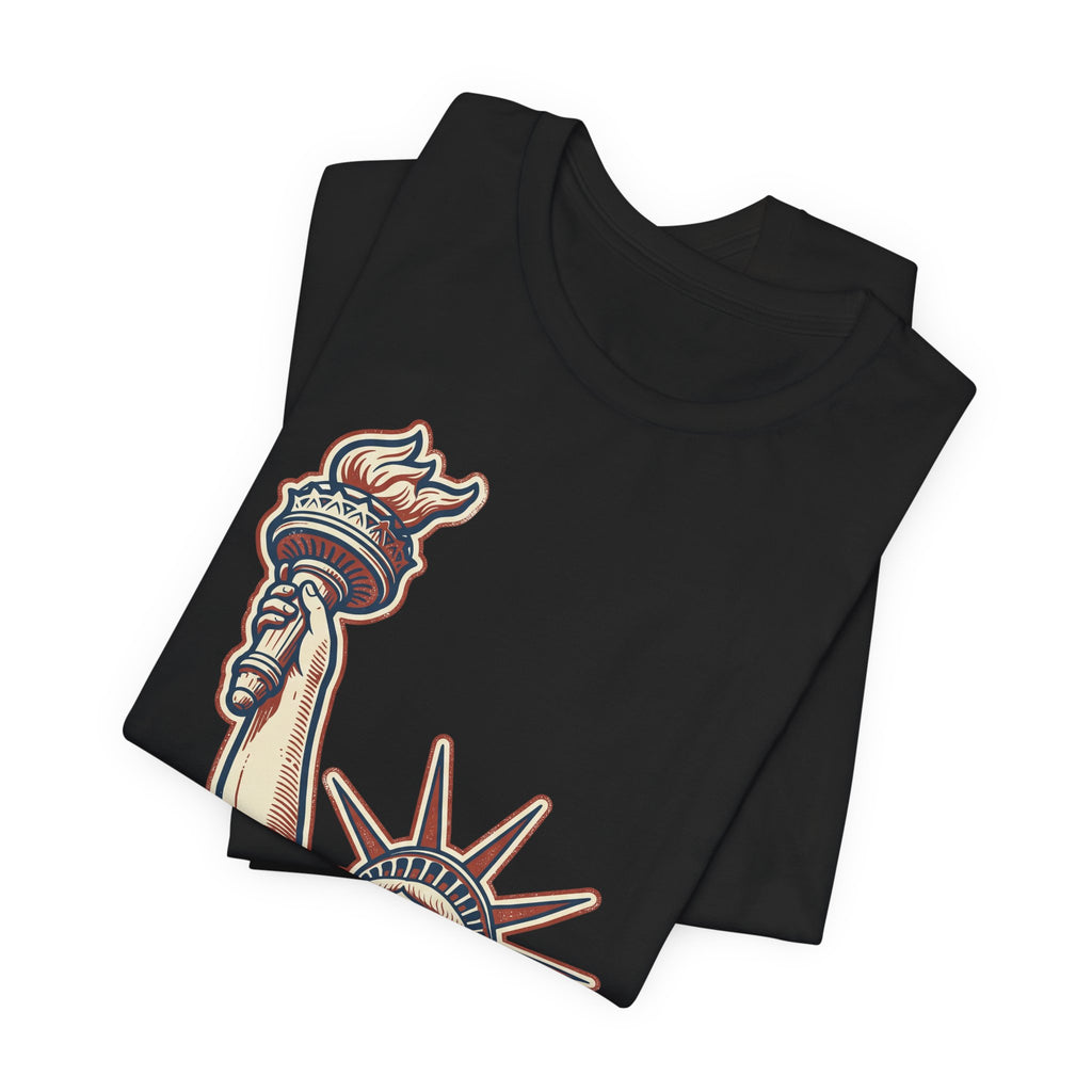 Black graphic tee with partial Liberty statue illustration print