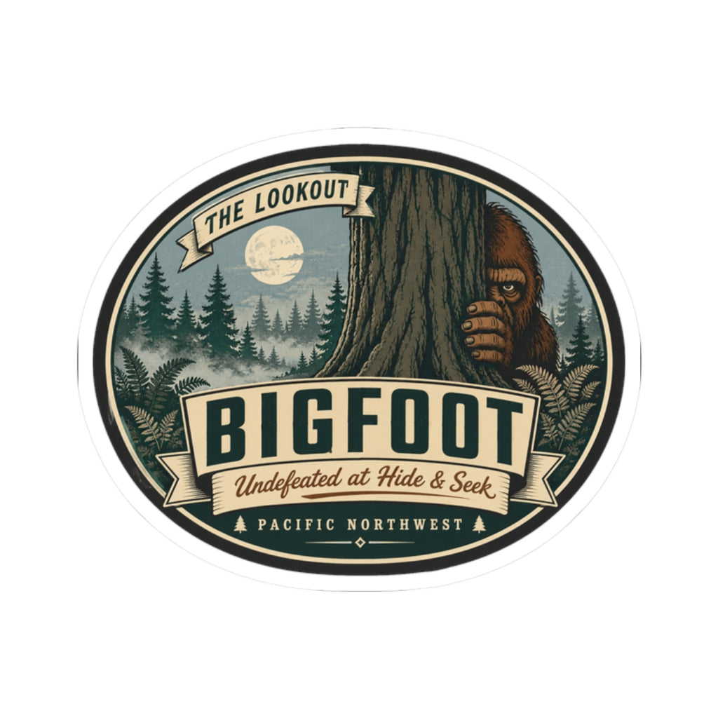Round kiss-cut vinyl Bigfoot outdoor logo sticker with trees, moon, and banner text