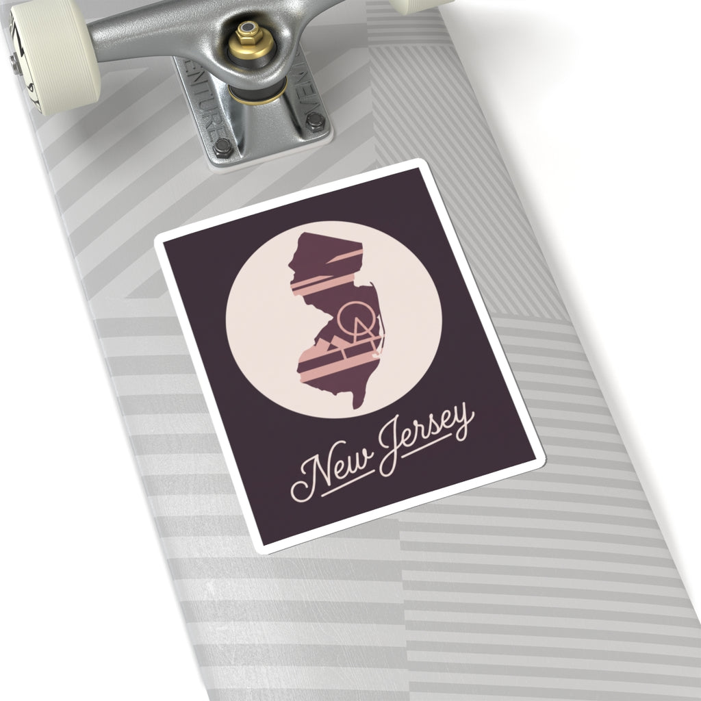 Square New Jersey state silhouette kiss-cut decal with “New Jersey” script and dark border
