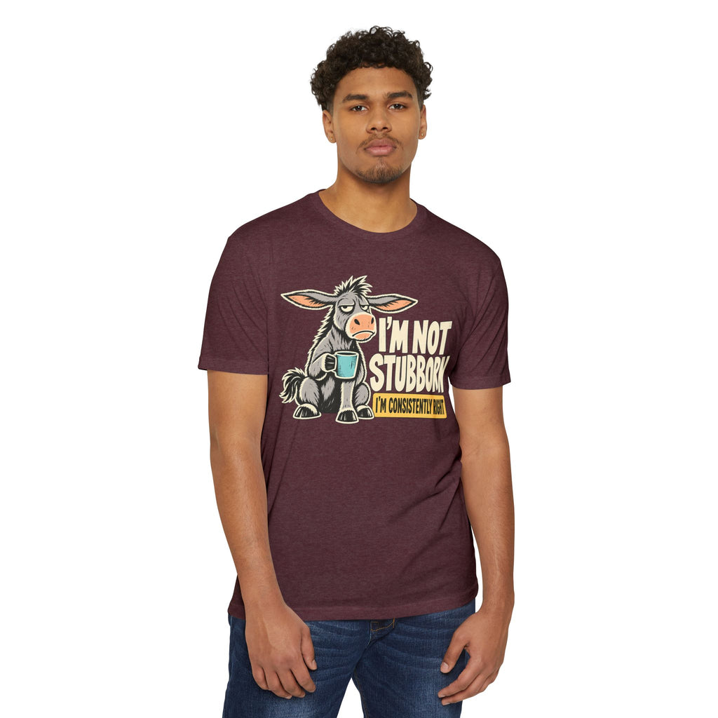 Dark maroon crew-neck t-shirt with stubborn donkey coffee graphic on chest