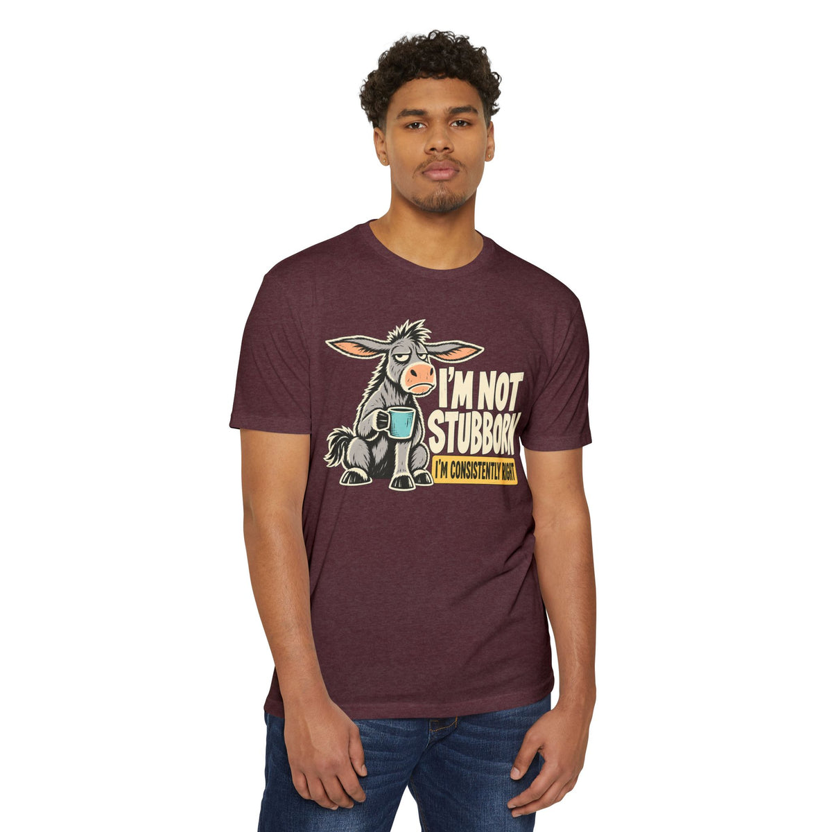 Dark maroon crew-neck t-shirt with stubborn donkey coffee graphic on chest