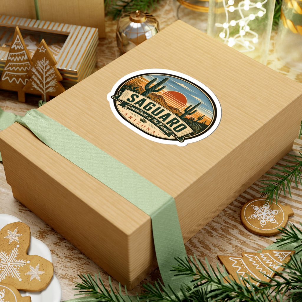 Saguaro Arizona travel sticker on a wrapped gift box