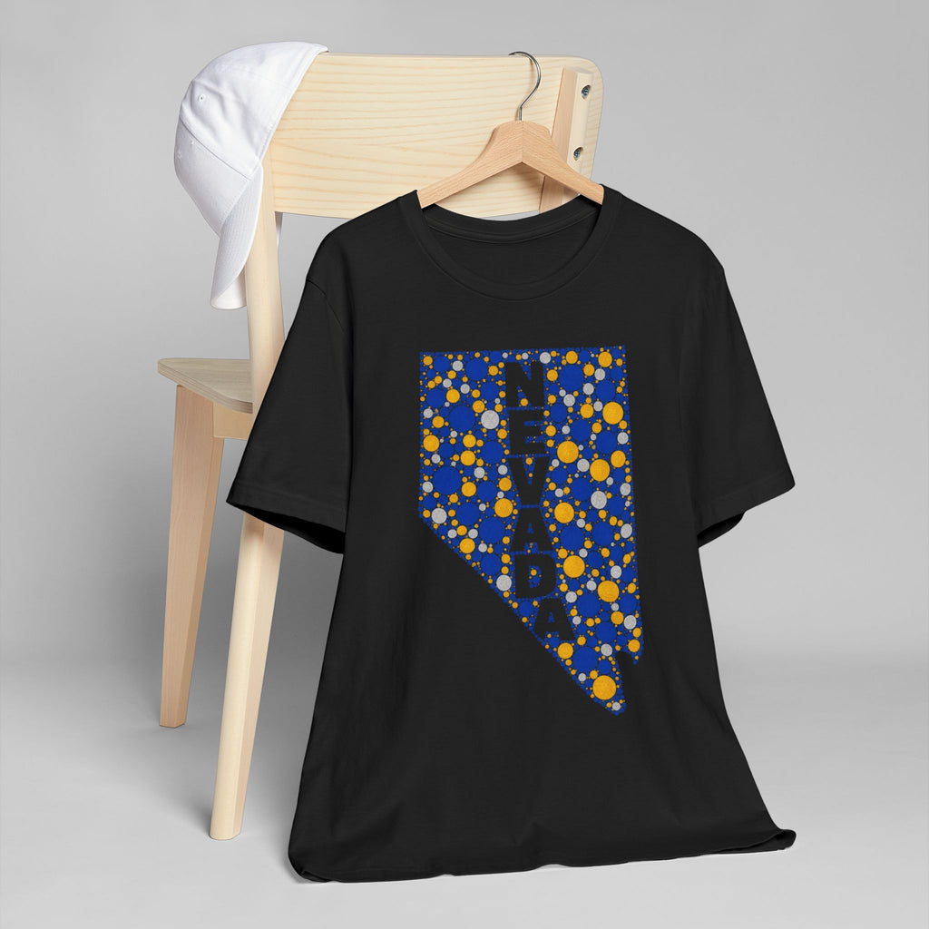 Black crew-neck T-shirt with blue-and-gold Nevada map graphic