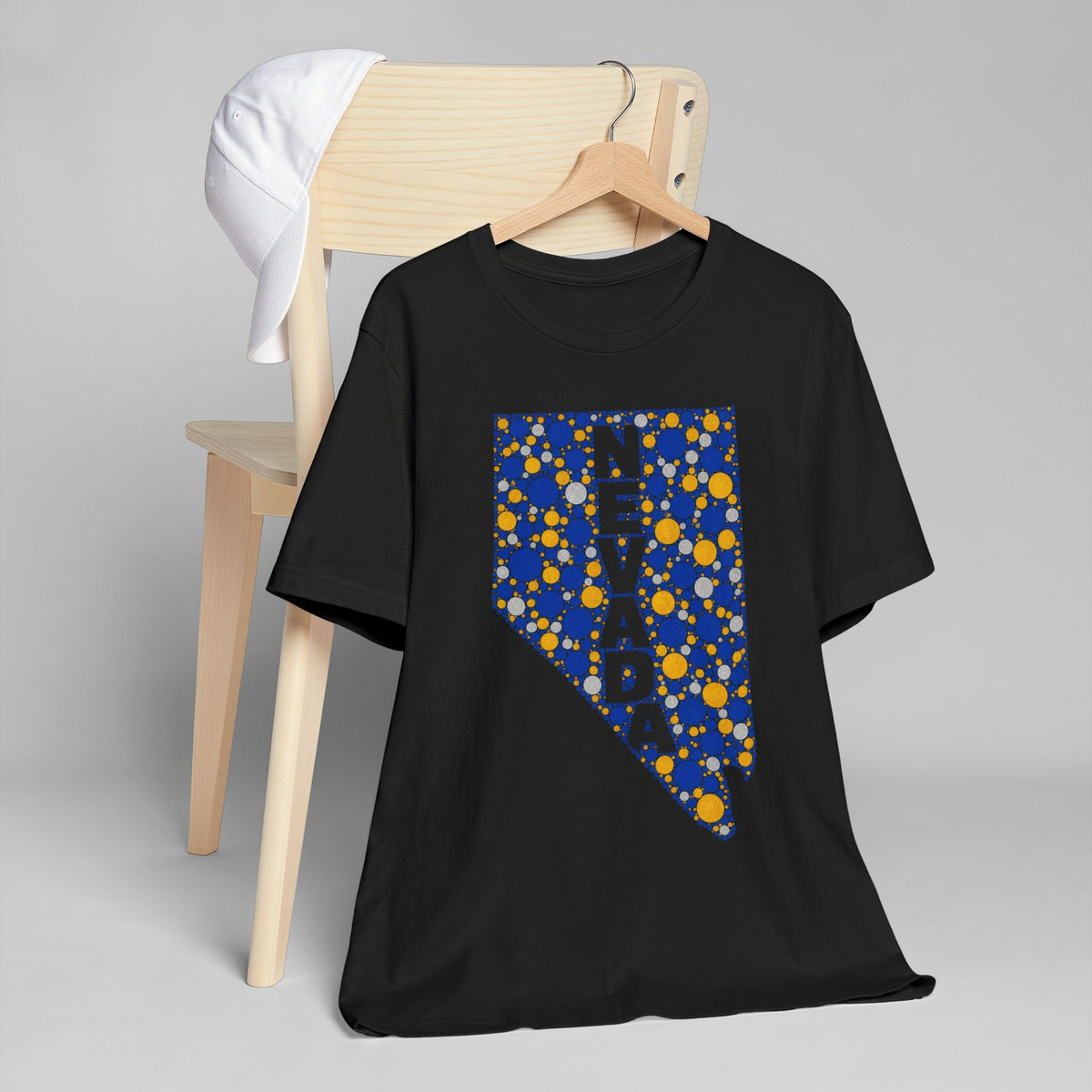 Black crew-neck T-shirt with blue-and-gold Nevada map graphic