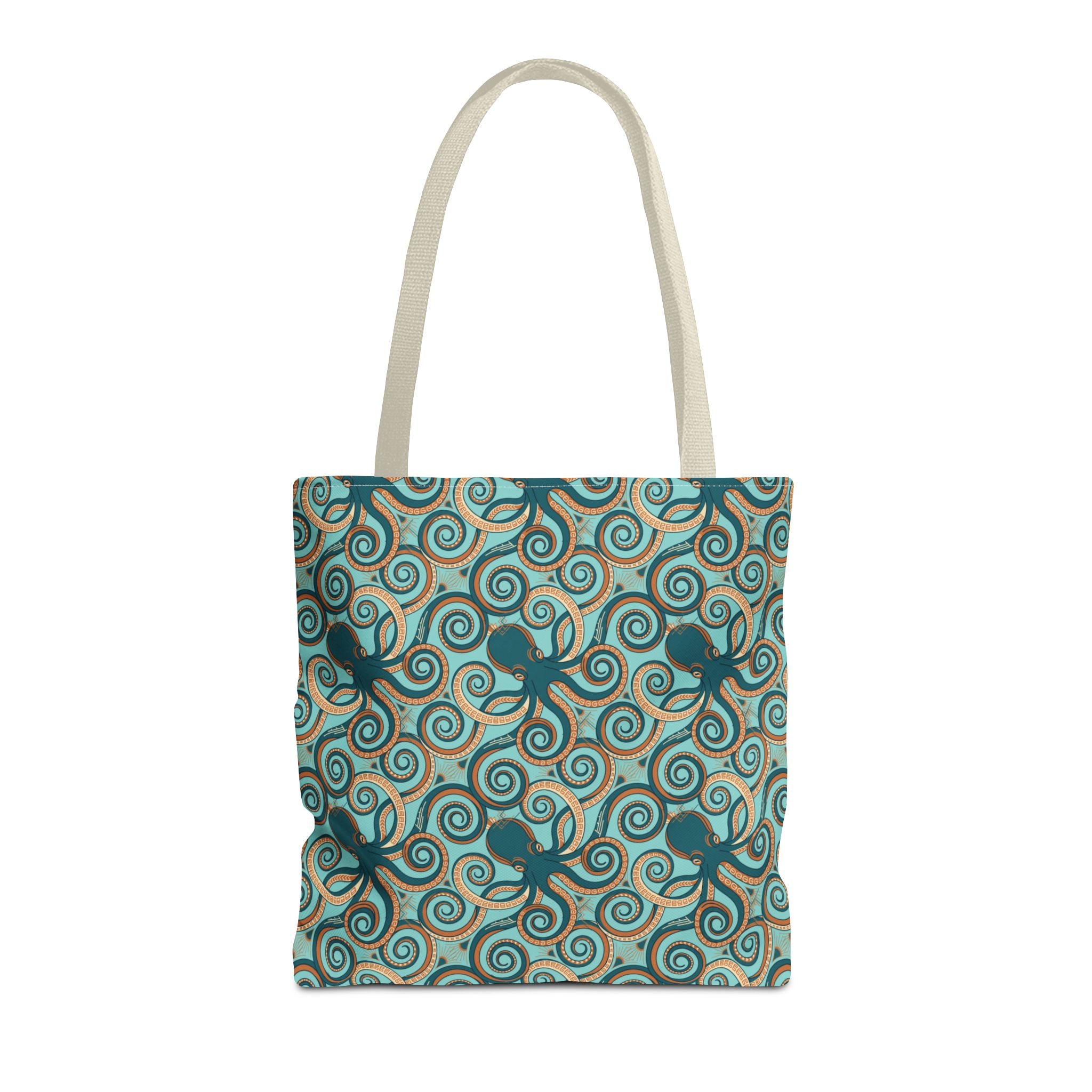 Octopus swirl tote bag with teal all-over pattern, beige handles