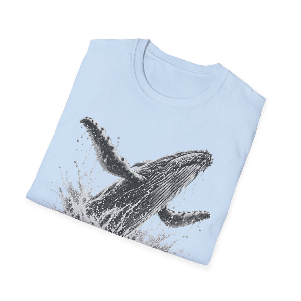 Light blue T-shirt with black-and-gray breaching humpback whale graphic