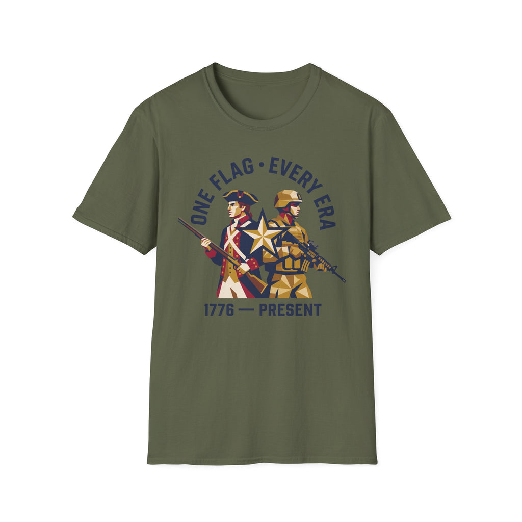 Olive green military graphic t-shirt with soldier and '1776–present' emblem