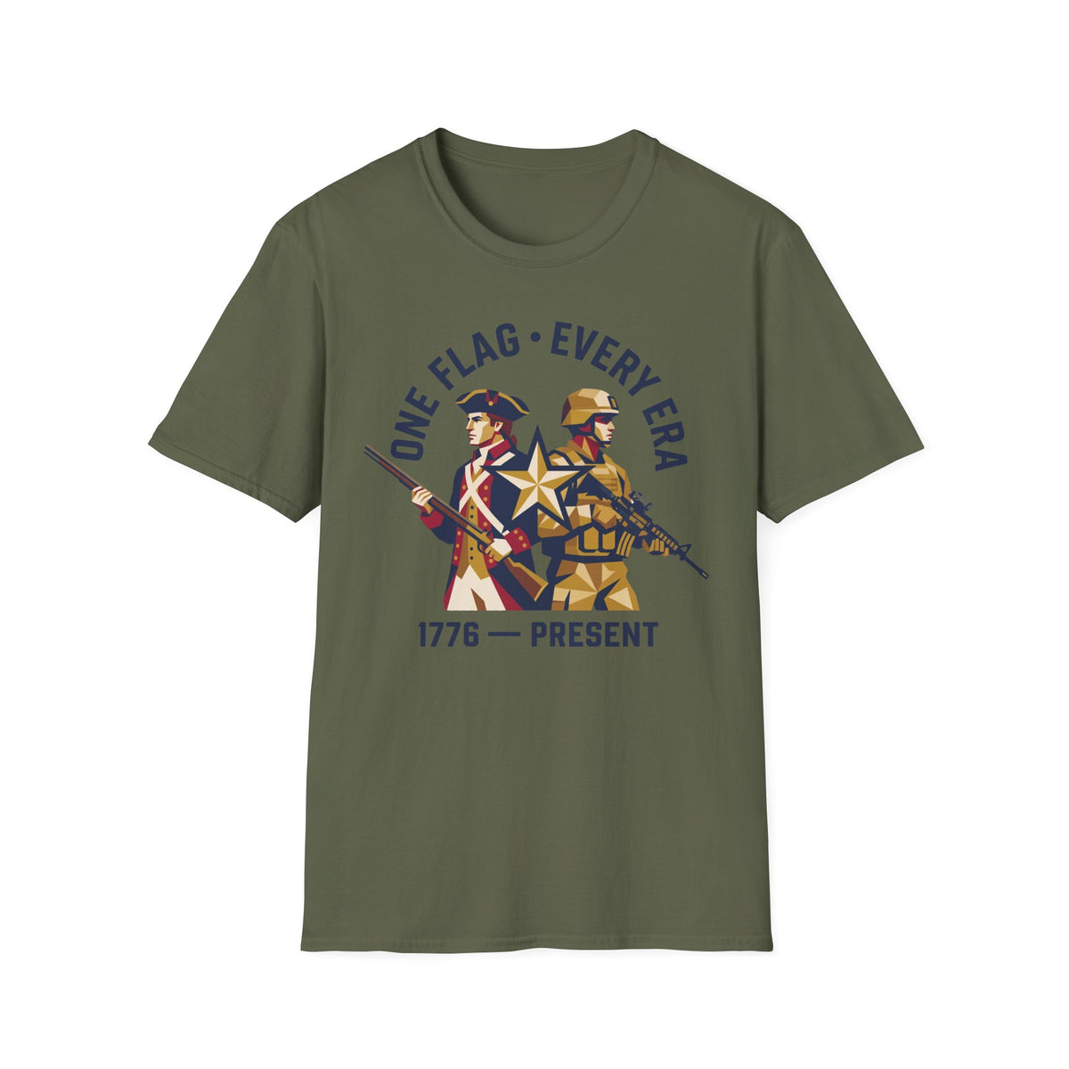 Olive green military graphic t-shirt with soldier and '1776–present' emblem