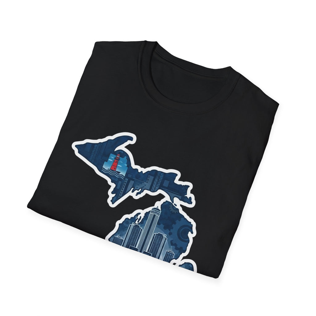 I Am Michigan T-shirt, black, Michigan map skyline graphic on the chest