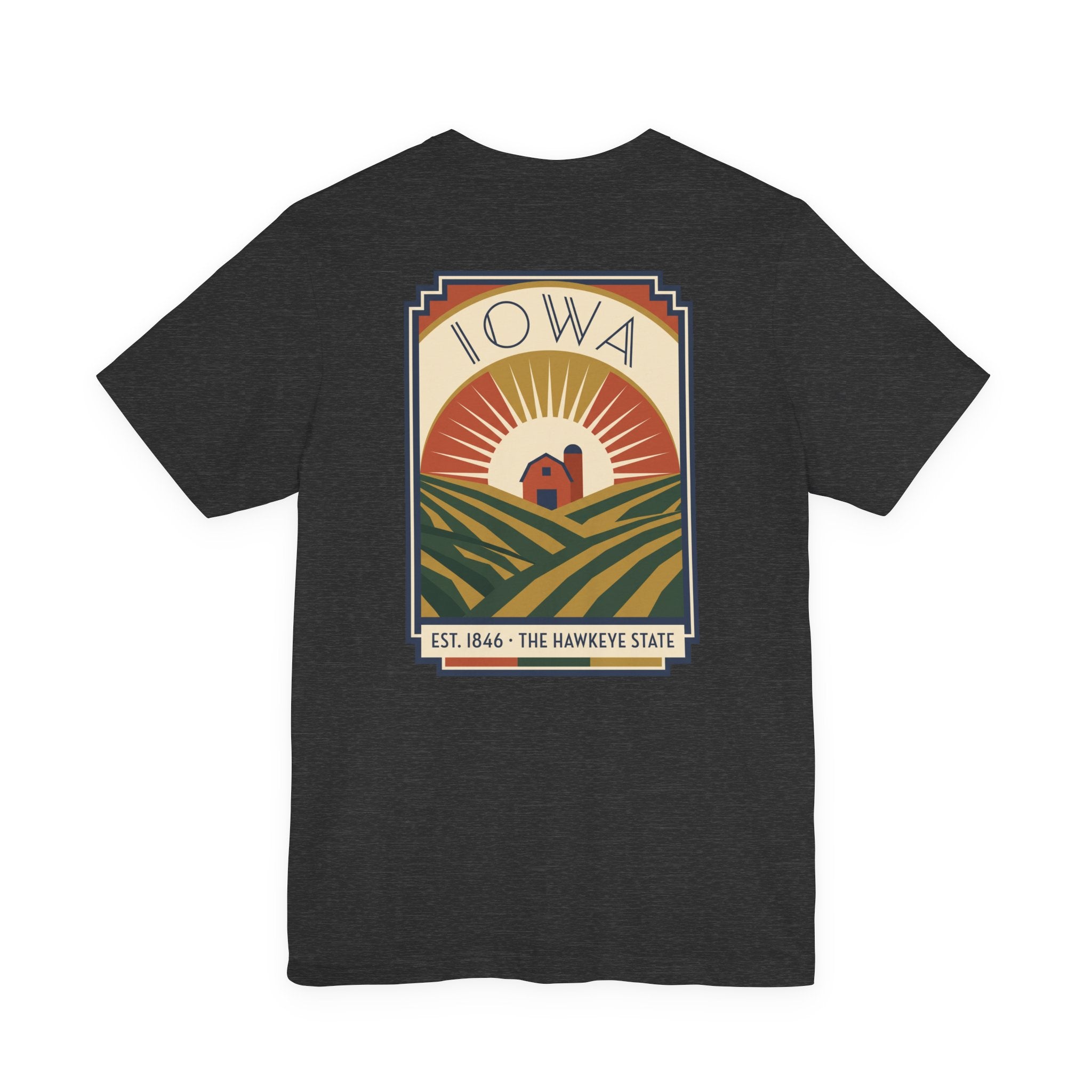 Dark graphic t-shirt with large back Iowa scene emblem in square frame.