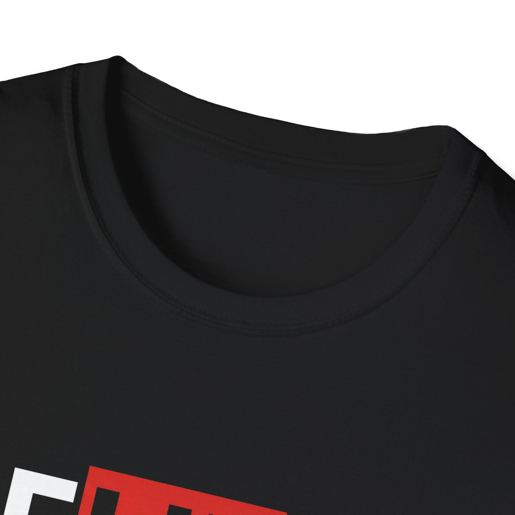Black crew-neck T-shirt close-up of neckline and red accent print
