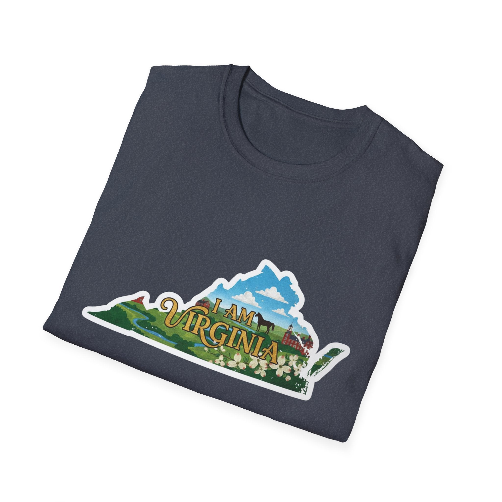 Blue t-shirt with Virginia scenic graphic and coastal icons, front view