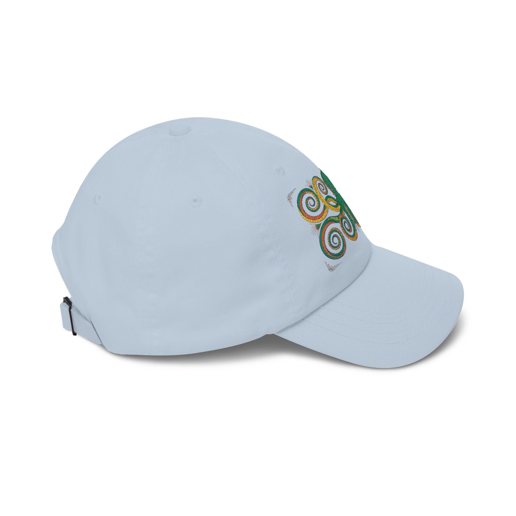 Light blue baseball cap with green-and-gold embroidered swirl on side