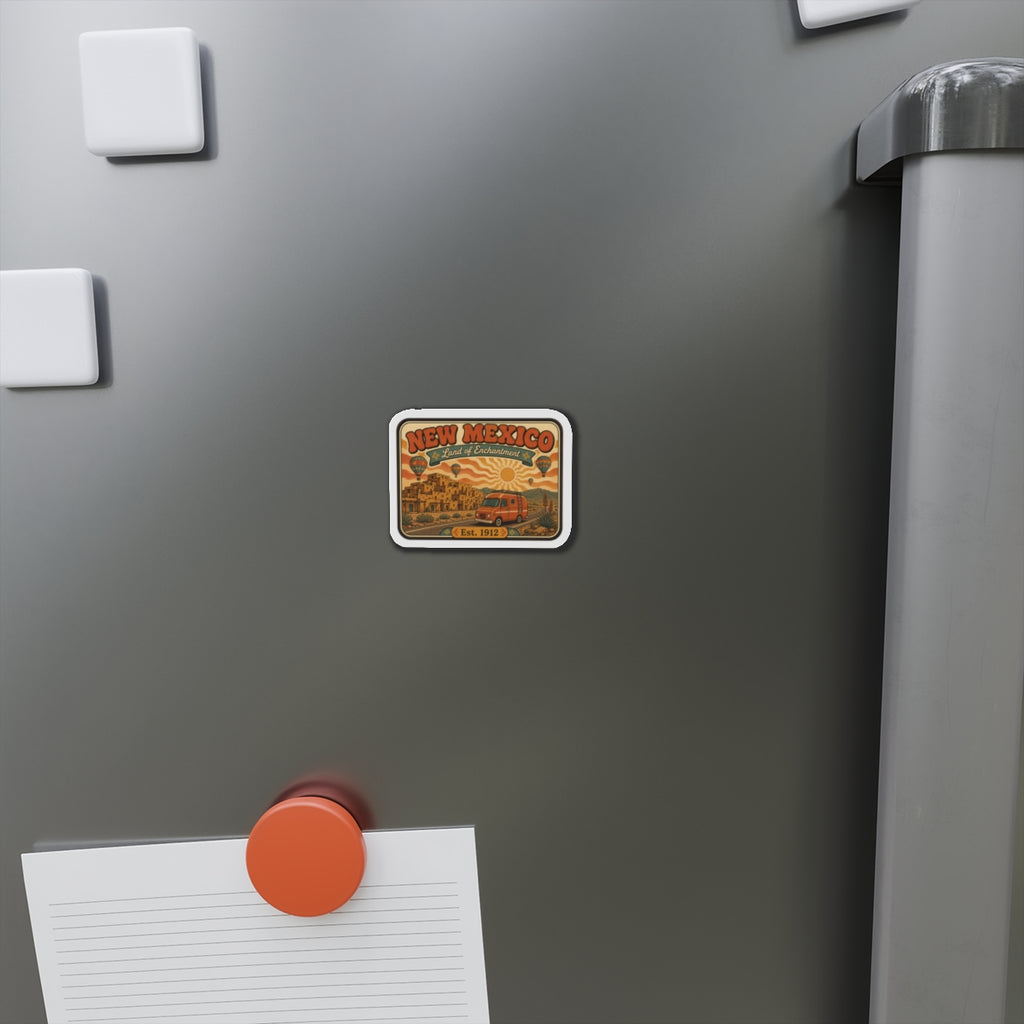 New Mexico die-cut travel magnet on a stainless refrigerator door, Est. 1912 scene
