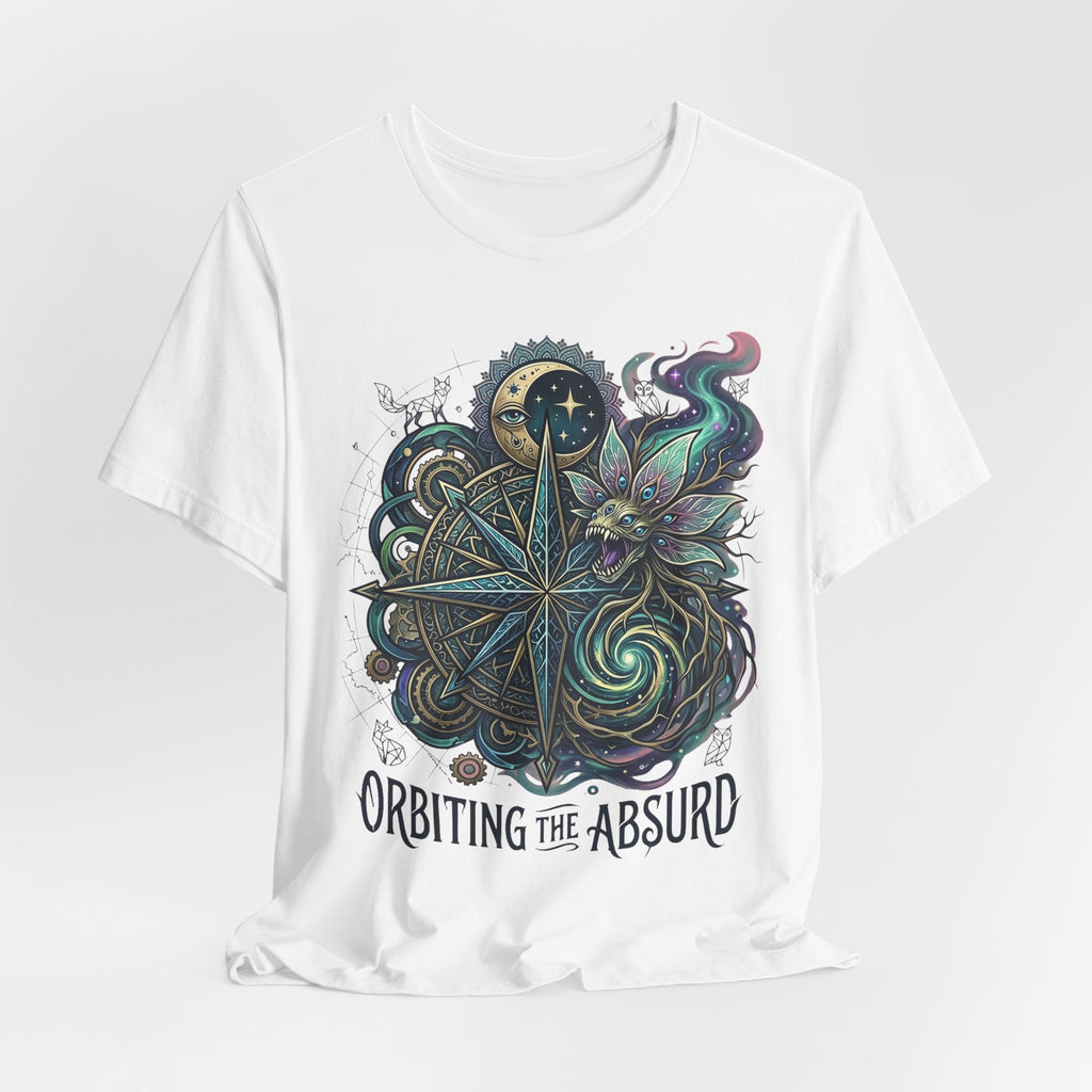 White celestial compass T-shirt with cat-moon graphic and 'ORBITTING THE ABSURD' text