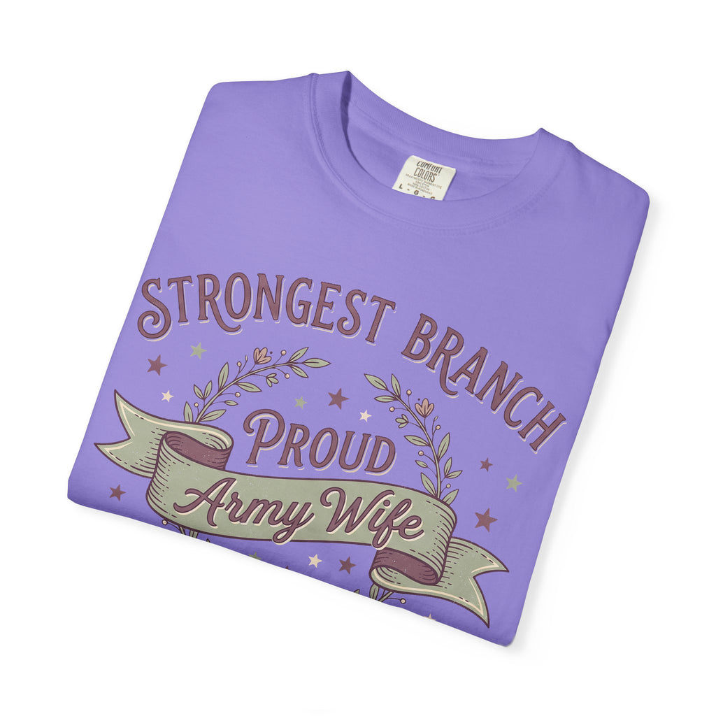 Lavender T-shirt with 'Proud Army Wife' graphic and 'Strongest Branch' text
