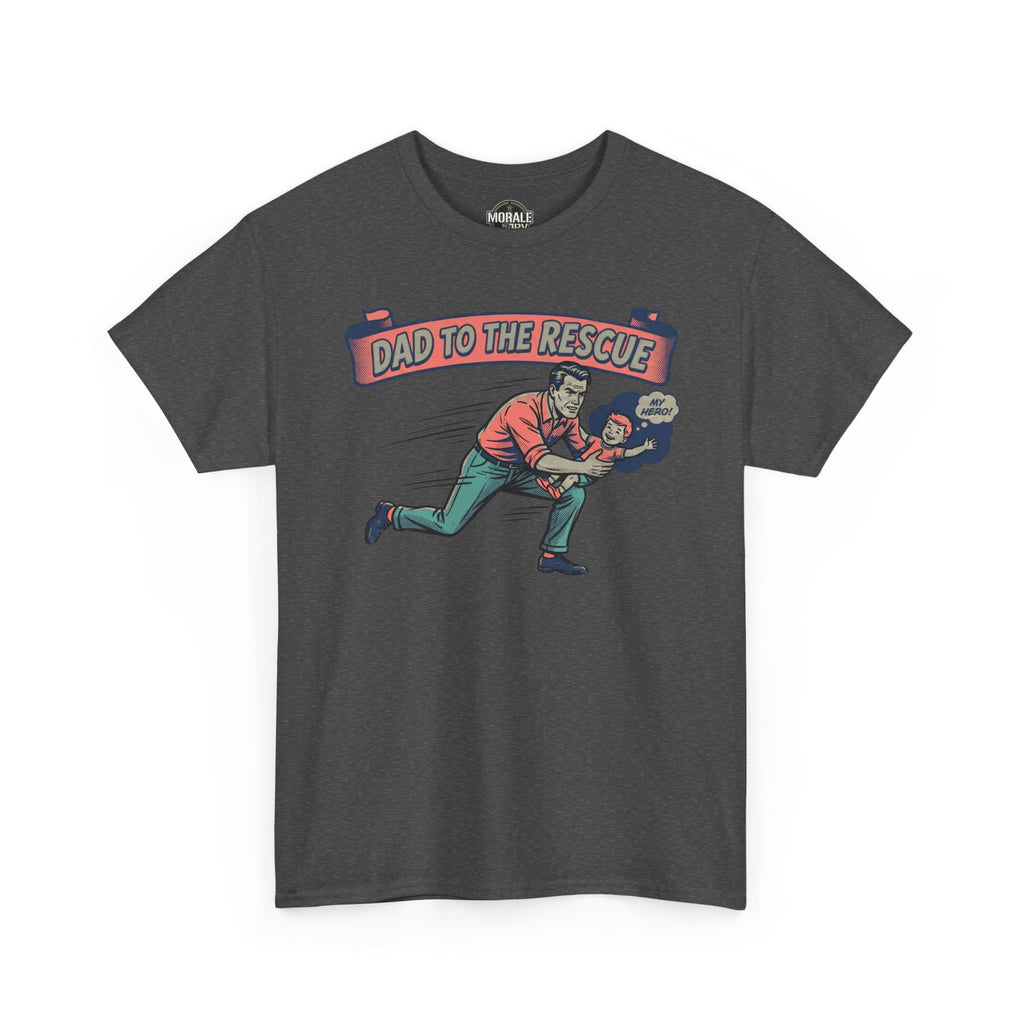 Charcoal T-shirt with “Dad to the Rescue” hero graphic on front