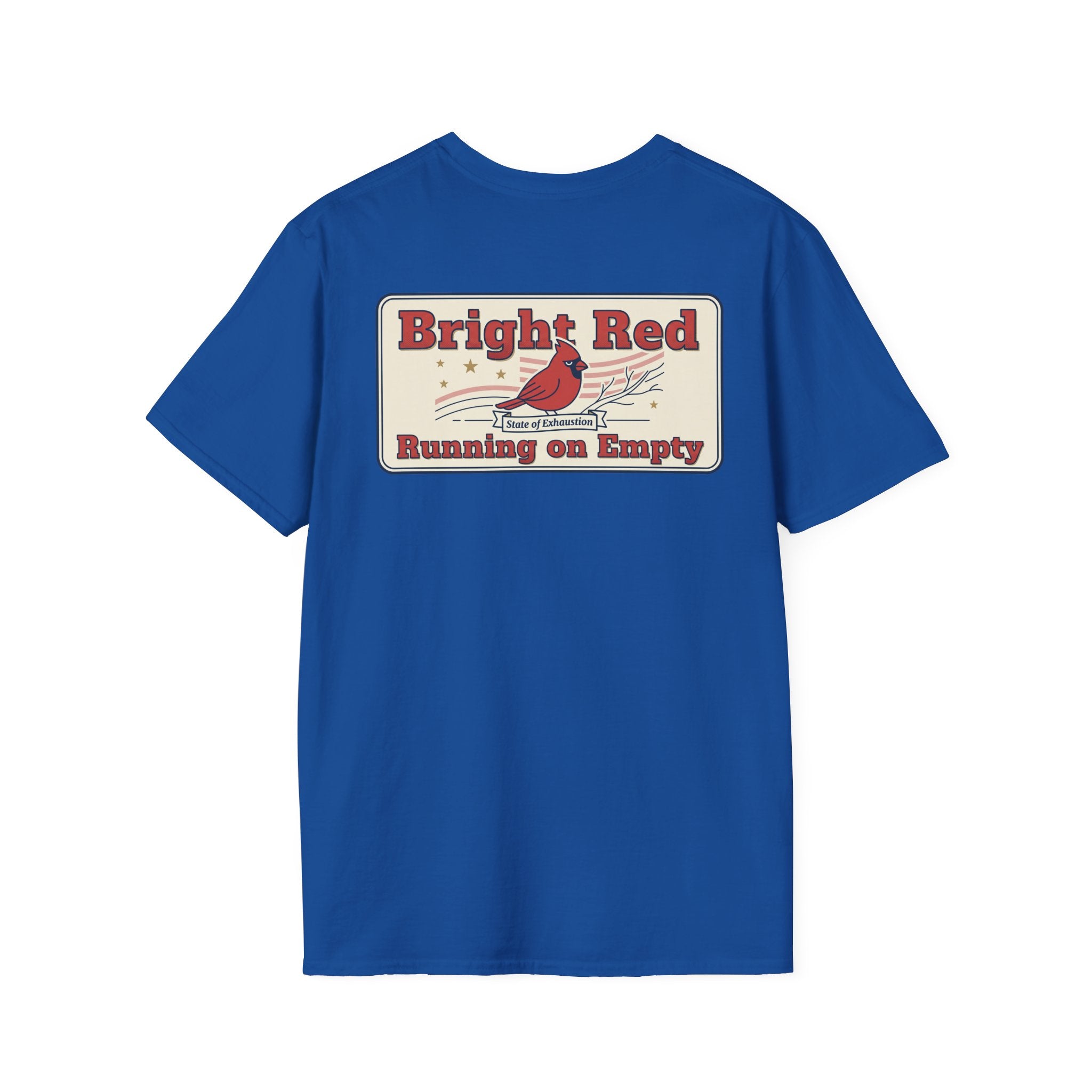 Royal blue unisex T-shirt with Bright Red back graphic and cardinal bird print