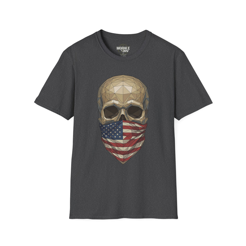 Geometric skull T-shirt with American flag bandana print on dark charcoal crewneck