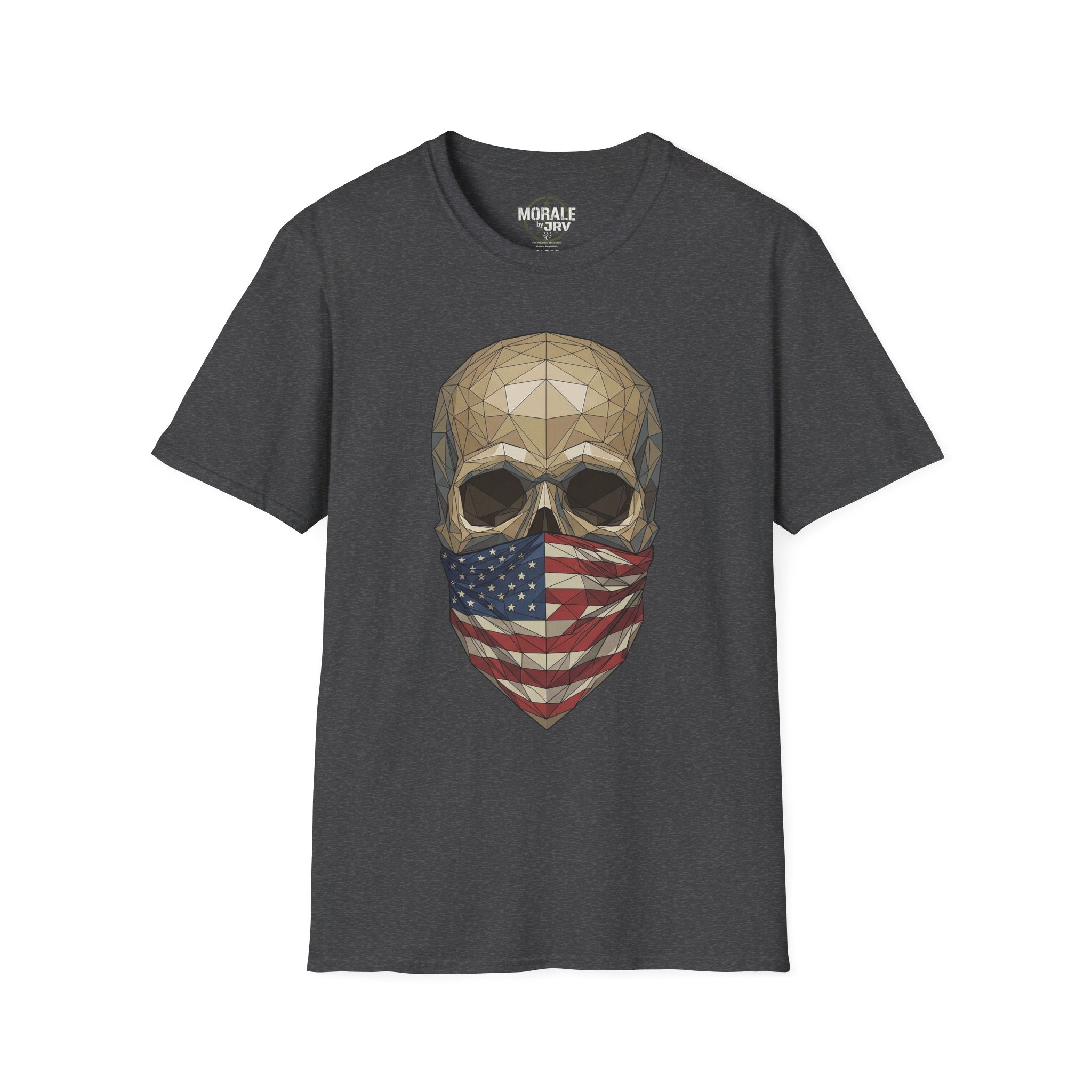 Geometric skull T-shirt with American flag bandana print on dark charcoal crewneck