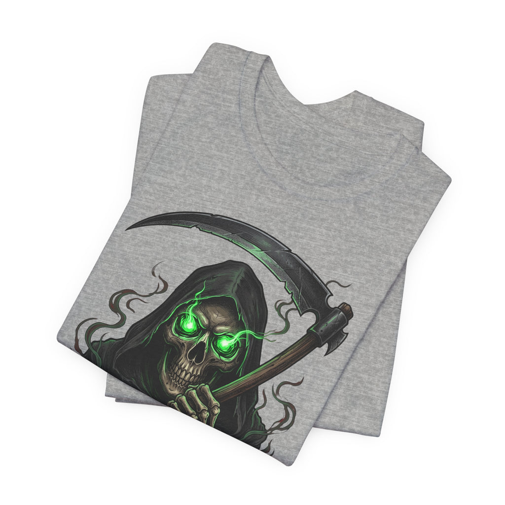 Heather gray t-shirt with glowing green skull and scythe front graphic