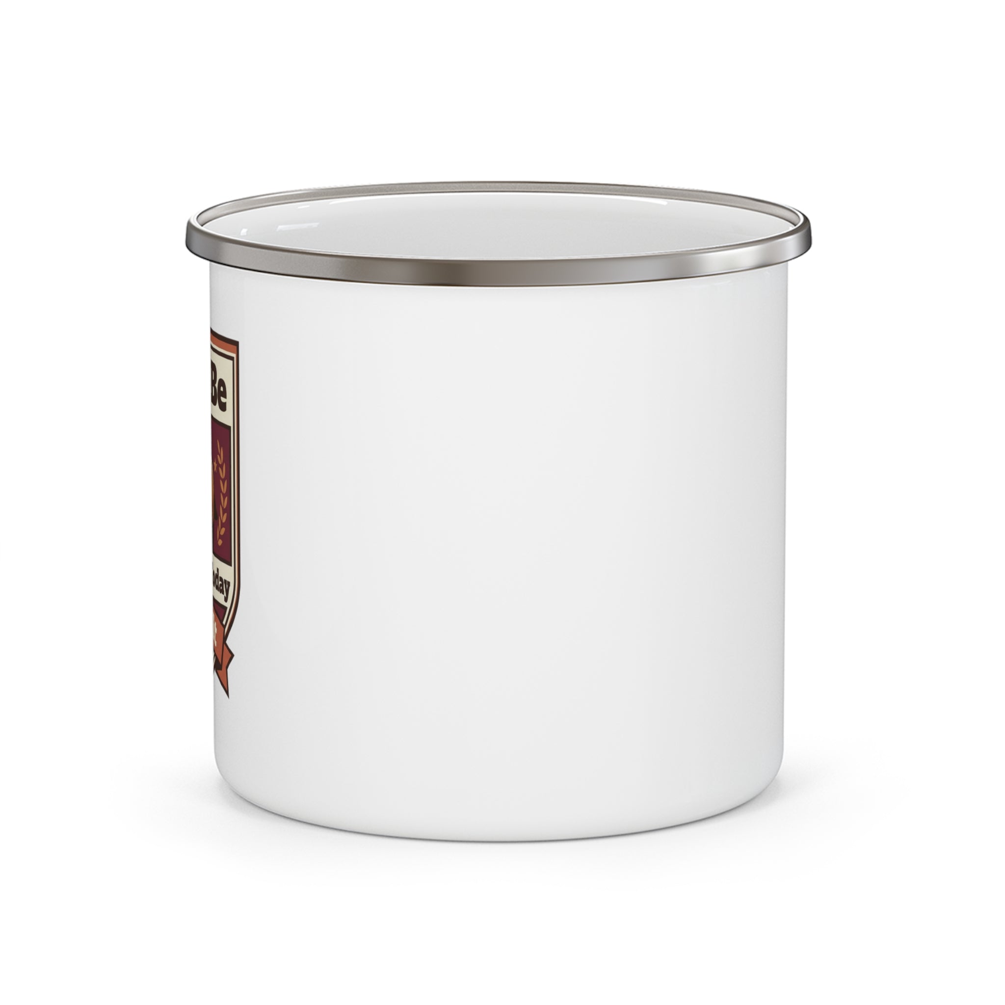 White enamel camping mug, metal rim, and unprinted side view.