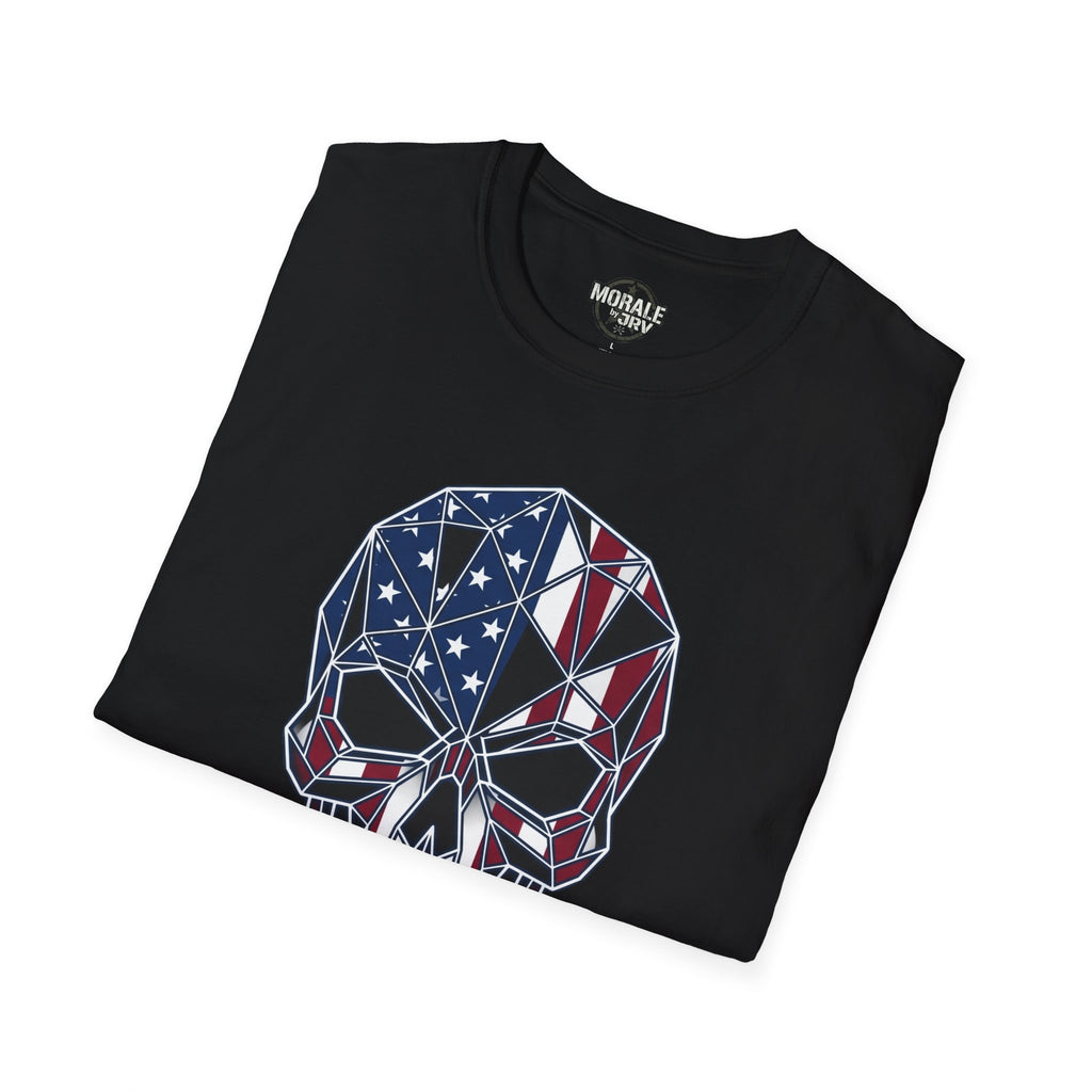 American Flag Skull Warrior Ethos T-Shirt, black angled view with full flag skull graphic