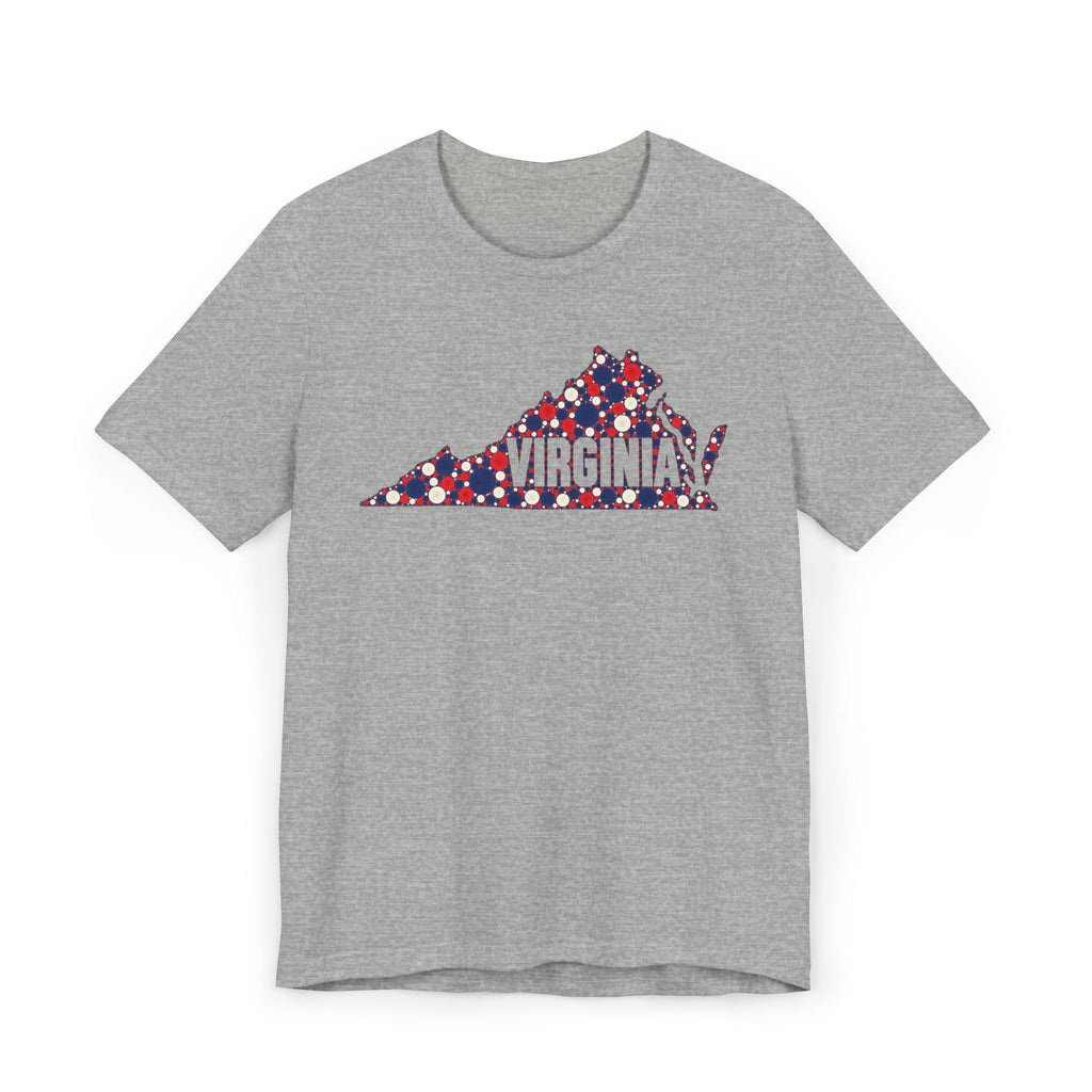 Heather gray T-shirt with red white blue Virginia map graphic and floral polka dots