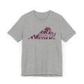 Heather gray T-shirt with red white blue Virginia map graphic and floral polka dots