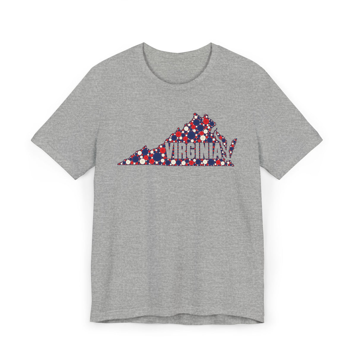 Heather gray T-shirt with red white blue Virginia map graphic and floral polka dots