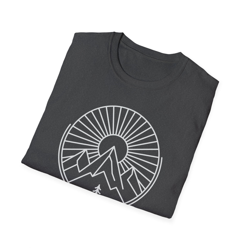 Charcoal unisex T-shirt with full white sunburst mountain graphic