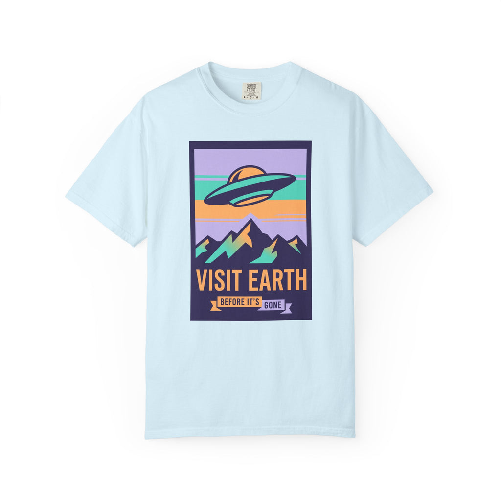 T-shirt with 'Visit Earth' UFO over mountains graphic, light blue