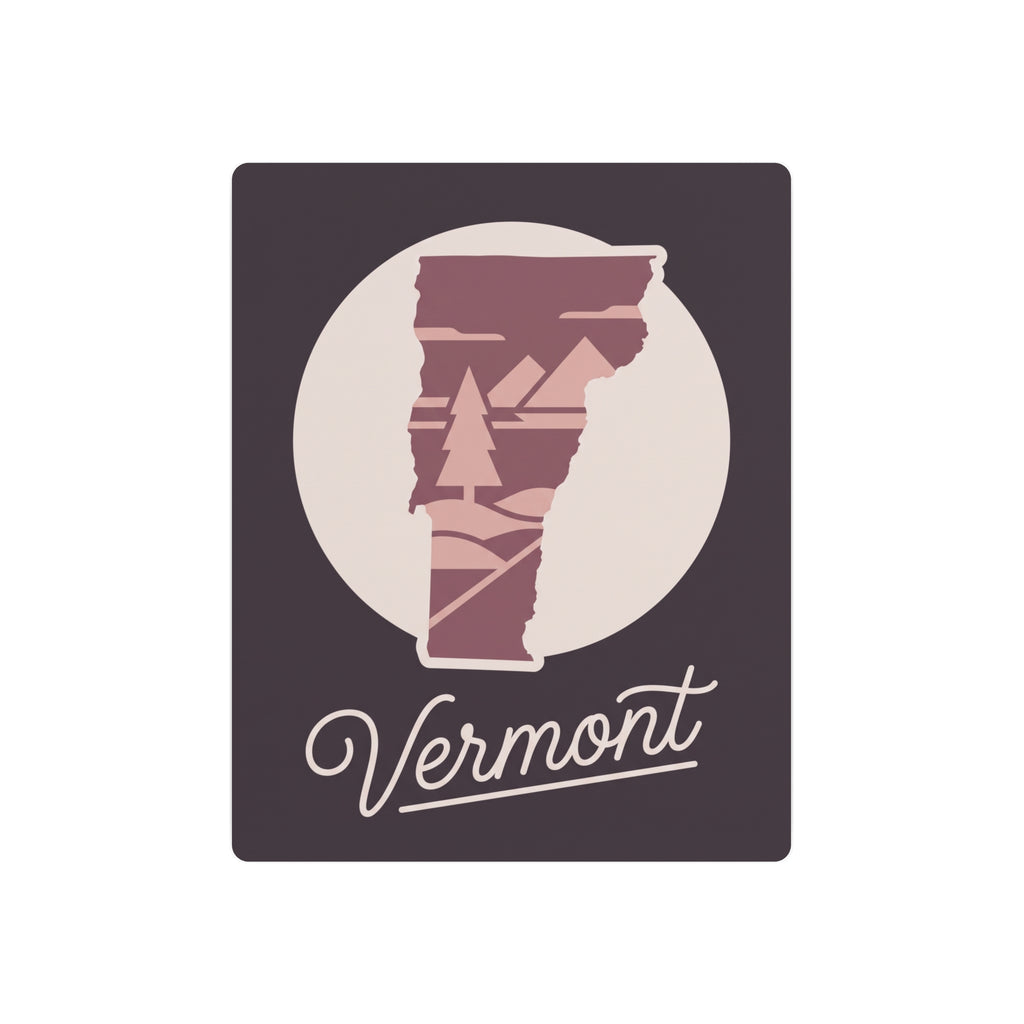 Mauve Vermont state silhouette metal wall art in a dark square frame