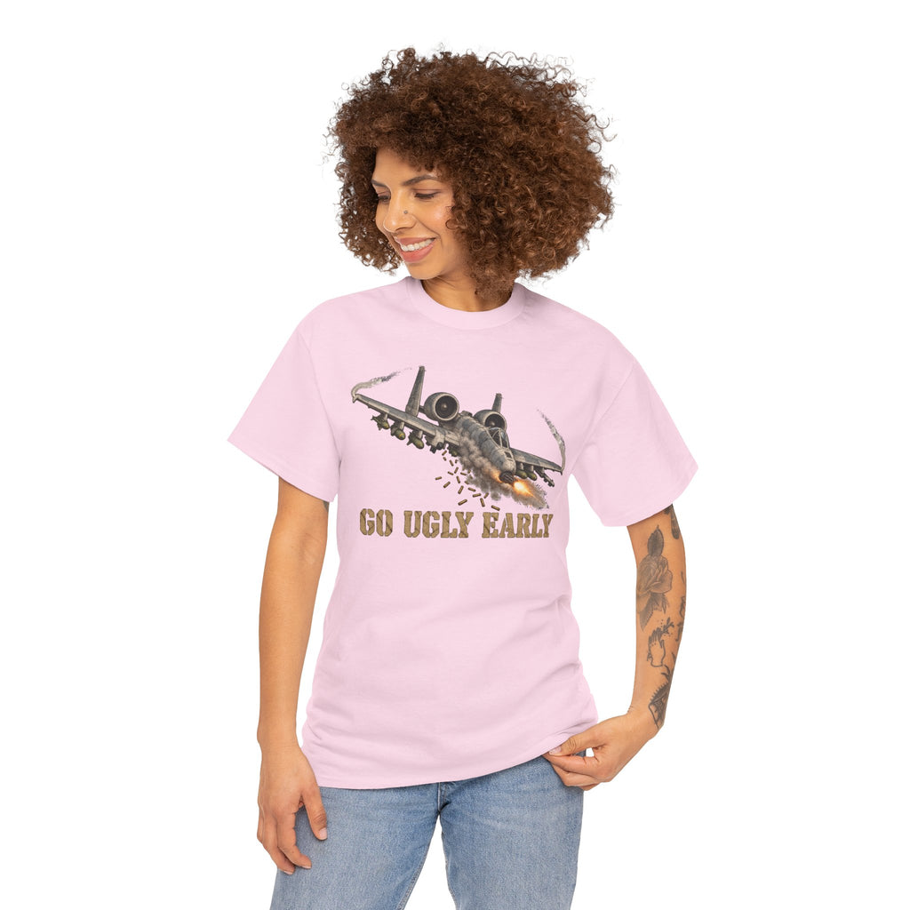 Light pink crewneck T-shirt with jet graphic and "GO UGLY EARLY!" text