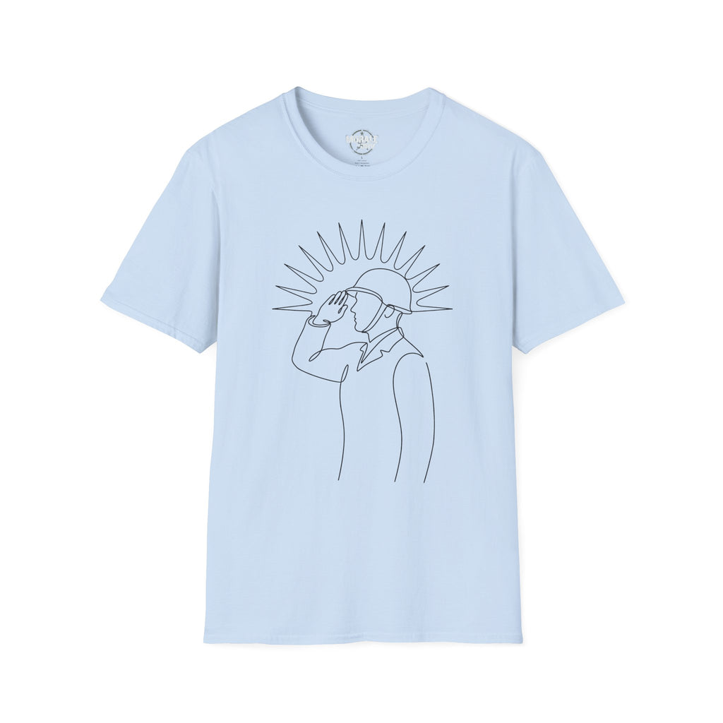 Light blue T-shirt with minimal single-line man looking up graphic, dark print