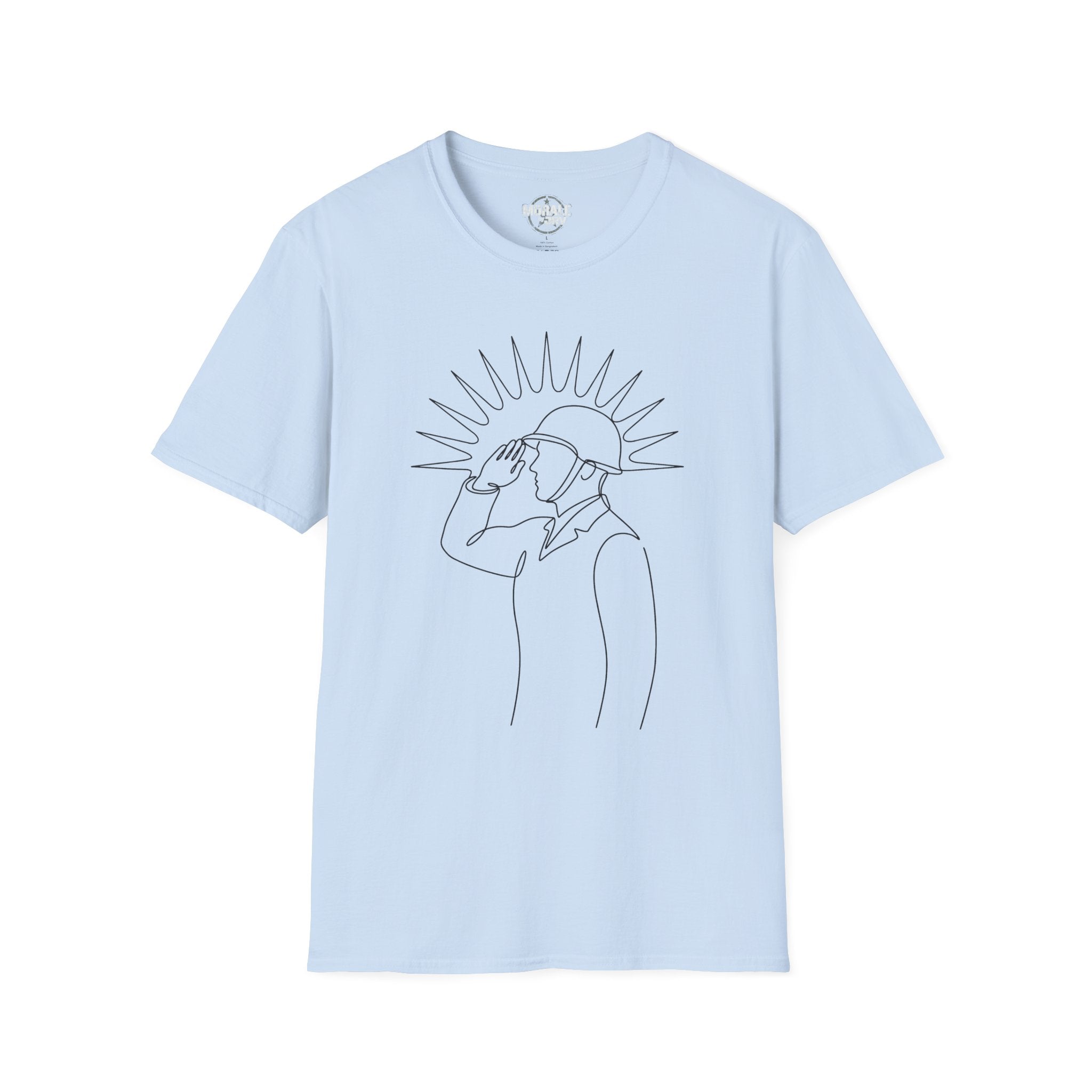 Light blue T-shirt with minimal single-line man looking up graphic, dark print