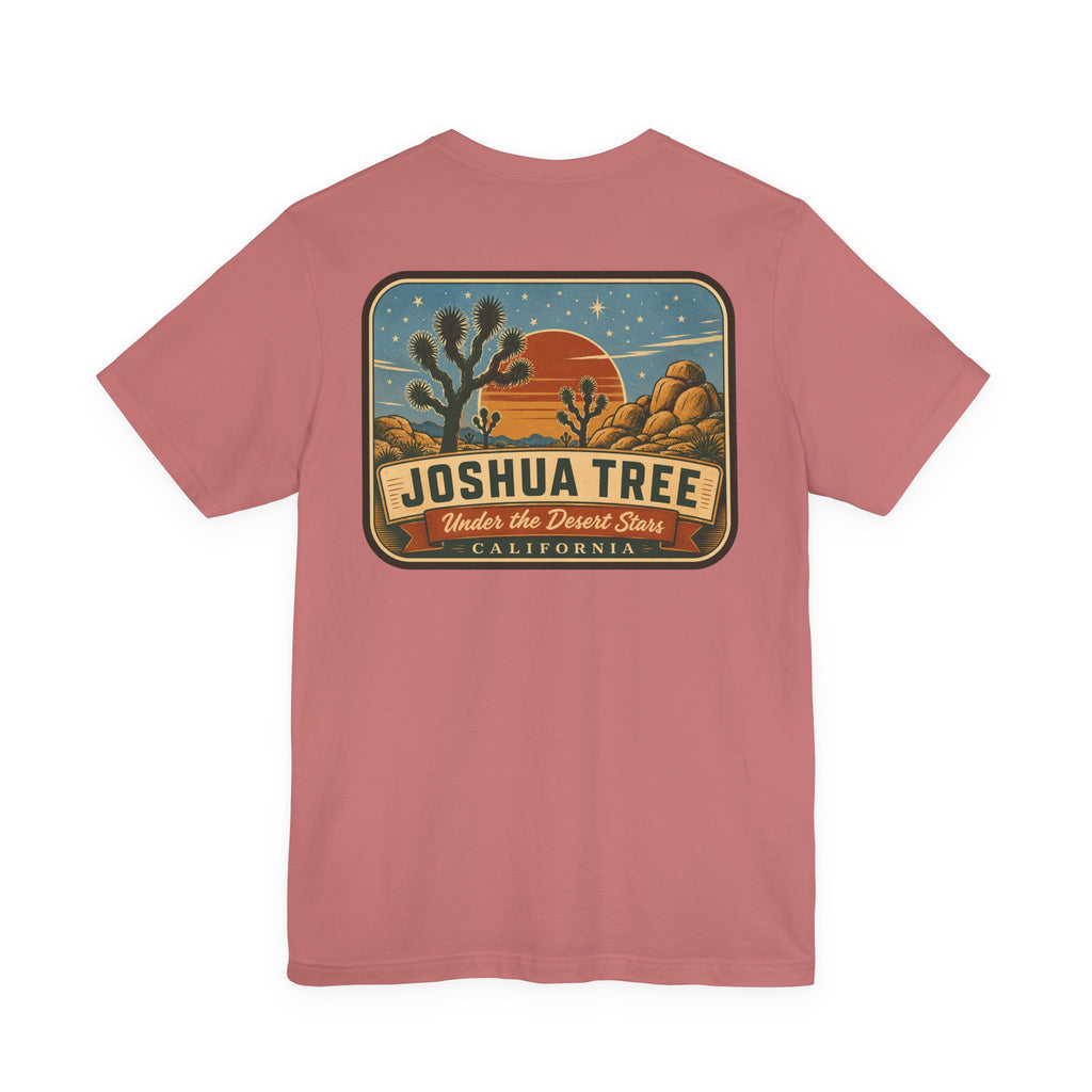 Rose t-shirt with Joshua Tree desert sign graphic centered on front.