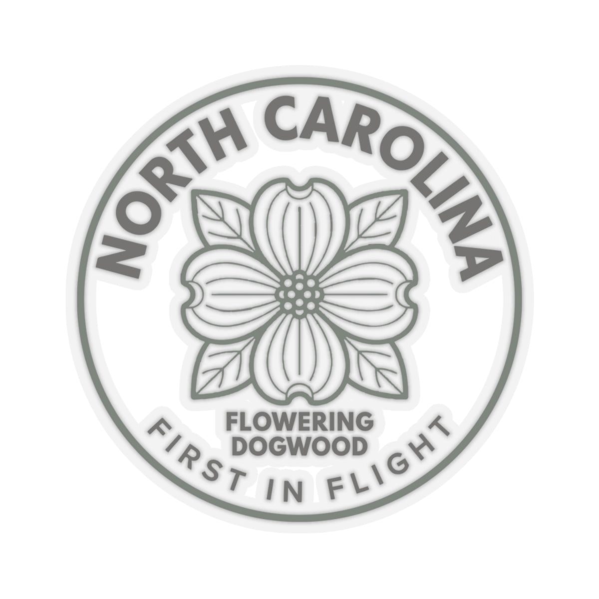 Transparent round dogwood state flower decal with gray ring text and centered dogwood bloom