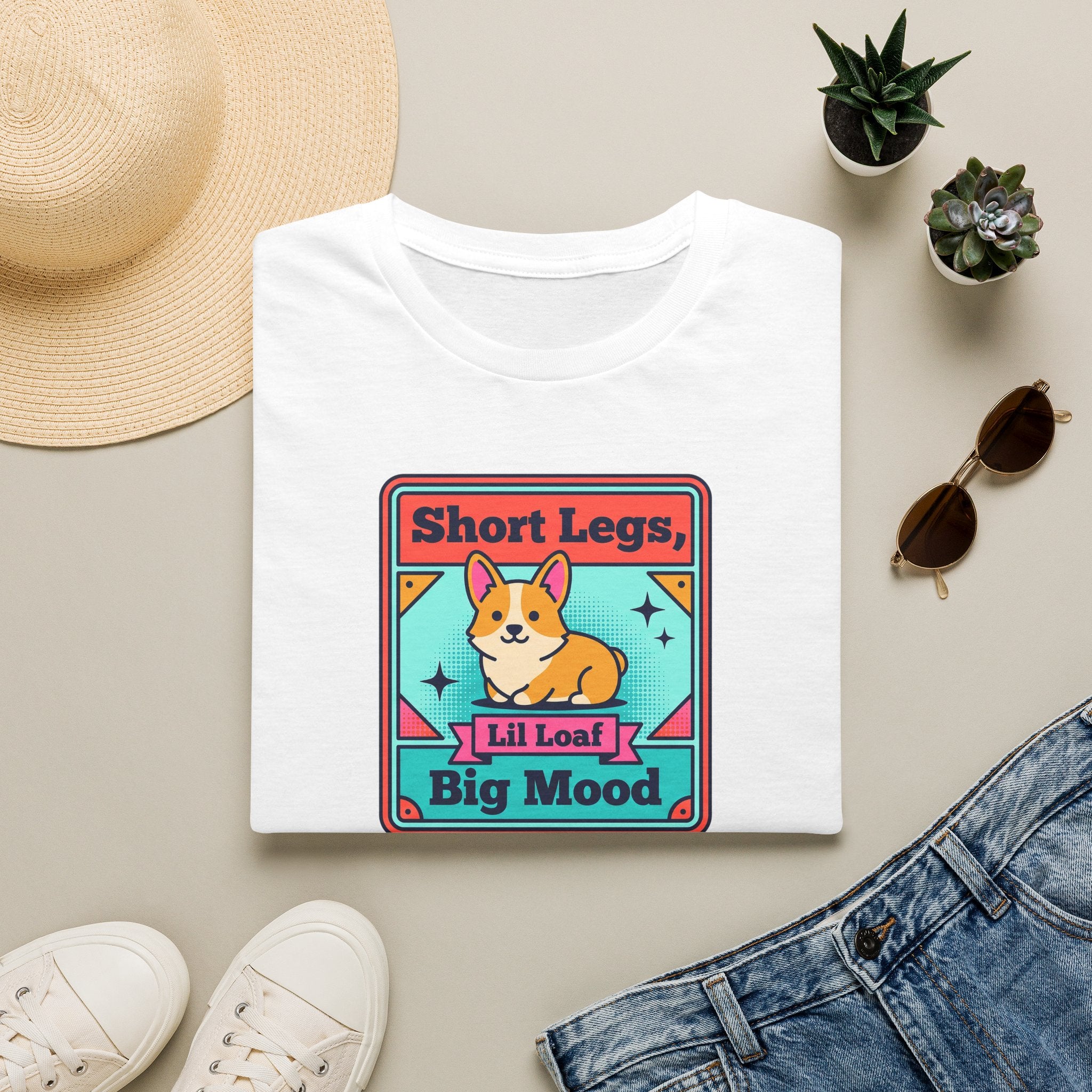 White short-sleeve T-shirt with colorful corgi graphic and slogan print on front